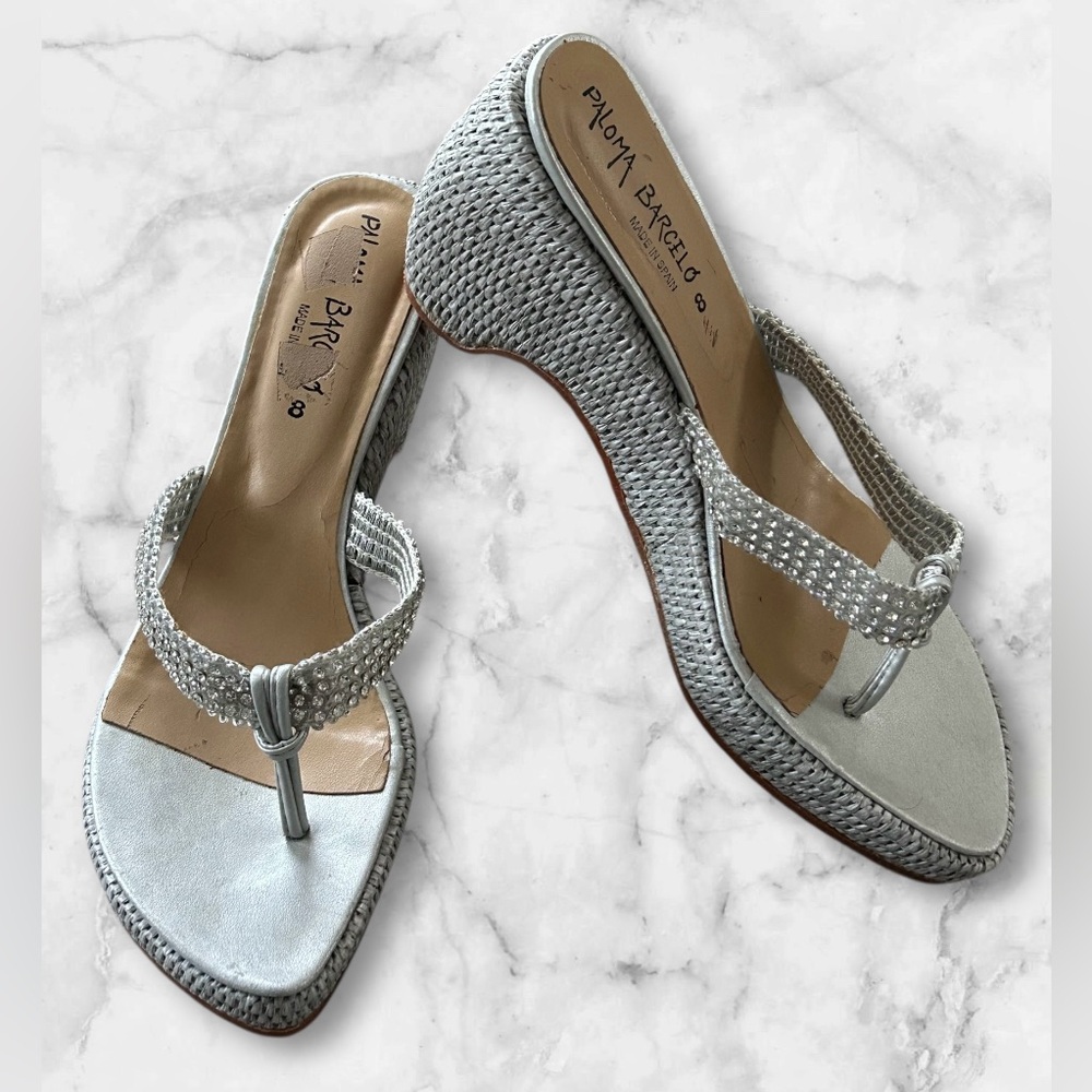 Paloma Barcelo Silver Rhinestone Thong Wedge Platform Sandals Euro 38 US Size 8 - Picture 5 of 12